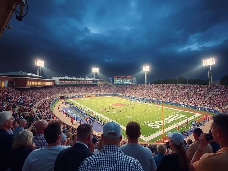 College football stadium at night with Indian fans celebrating under floodlights