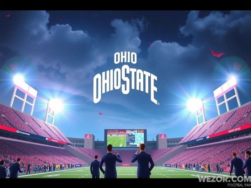 Ohio State Buckeyes football team celebrating under stadium lights at Ohio Stadium